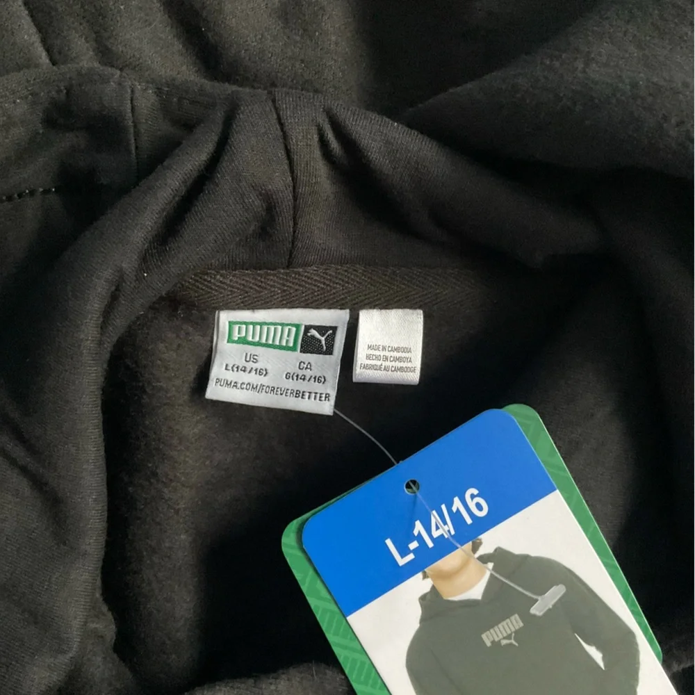 Puma youth‎ boys Logo fleece Lined Long sleeve Hoodie sweatshirt black size L